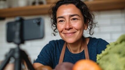 Woman chef smiling at camera in kitchen.