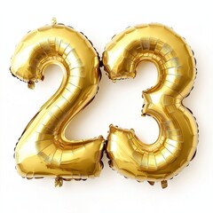 Golden number 23 balloons on white background celebratory decoration