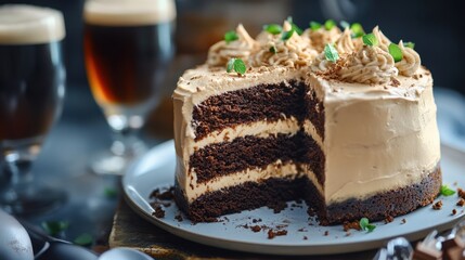 Delicious chocolate layer cake with cream frosting and mint garnish. National German Chocolate Cake Day