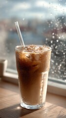 Iced coffee in glass with straw on rainy day