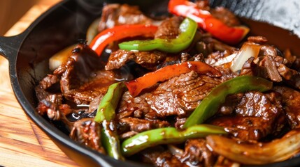 Sizzling beef stir fry with peppers in cast iron pan for dinner ideas. National Protein day National Food Month