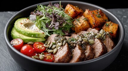 Healthy steak bowl with avocado, tomato, greens, and roasted sweet potatoes