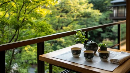 Tranquil morning tea on balcony overlooking lush greenery. World Sake Day