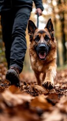 German shepherd dog walking with owner on leaf-covered path through autumn forest. National Walk Your Dog Week