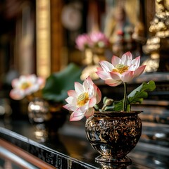 Elegant lotus flowers in ornate gold vases at tranquil asian temple interior. World Sake Day