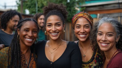 Fototapeta premium Group of smiling women posing together outdoors during daytime.
