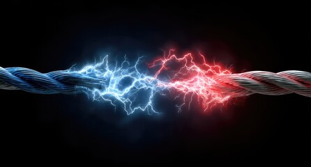 Electric energy clash between two ropes, blue and red sparks.