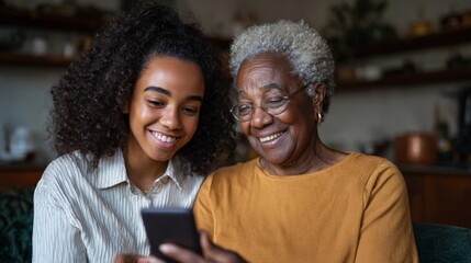 Grandmother and girl sharing a moment with a smartphone.