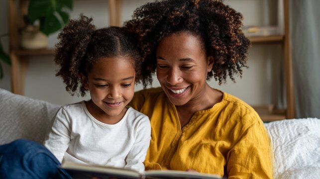 Woman and child reading book together.