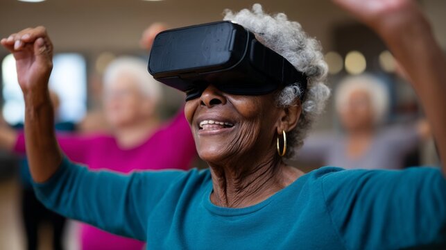 Older woman using virtual reality headset.