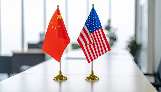 Chinese and US table flags on reflective surface with cityscape backdrop, symbolizing diplomacy and international dialogue.