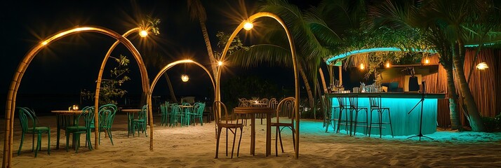 Rustic beach jazz bar with bamboo arches smooth trumpet and teal lights