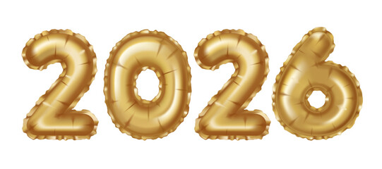 Golden shiny balloon numbers. 2026 New Year numbers. Vector isolated illustration