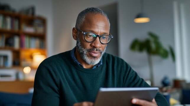 Older man using laptop in home office