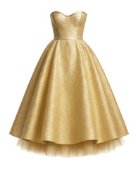 Gold brocade evening gown with a structured bodice and full skirt