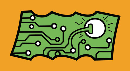 Stylized green circuit board with glowing electronic component.