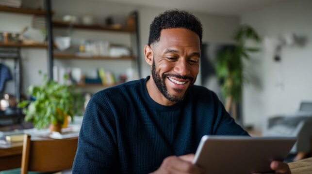 Man using tablet in living room