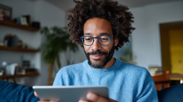 Man using tablet in living room