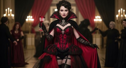 Elegant vampire lady in red and black gown holding a goblet of blood