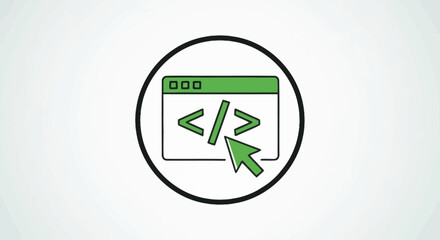 Coding icon with cursor inside a circle representing technology and programming.