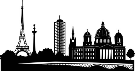 High resolution black and white city skyline silhouette illustration for urban design projects