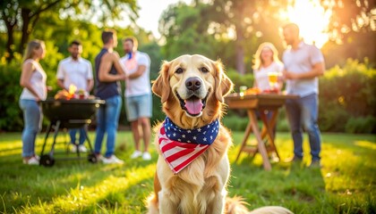 Golden retriever in US bandana at backyard barbecue, joyful scene of holiday celebration and community.