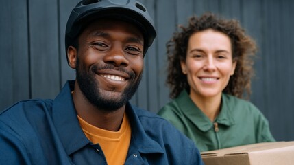 Couple posing for a picture, smiling at camera, with boxes behind them.