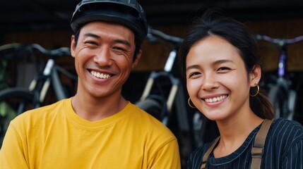 Couple posing at a bike shop.