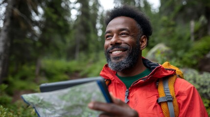 Man hiking in forest with map and phone.
