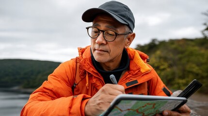 Man holding tablet outdoors, looking at map.
