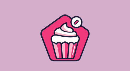 Pink cupcake with white frosting in a pink pentagon.
