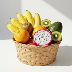 Healthy lifestyle basket with bananas dragon fruit avocado and kiwi on white background