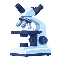 A modern compound light microscope with a white and blue design, featuring objective lenses and control knobs, isolated on a Transparent Background