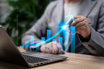 Business Financial and Investment Development Concept, Businessman Showing Analyzing Growth Graph, Corporate Progress Prediction, Strategic Planning, Market Analysis, Future Success, Financial Growth