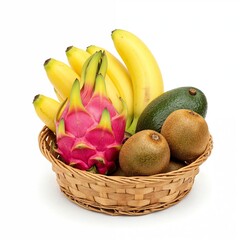 Healthy lifestyle basket with bananas dragon fruit avocado and kiwi on white background