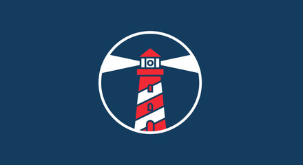 Stylized red and white striped lighthouse icon.