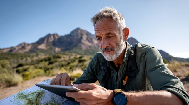 Man looking at map outdoors.