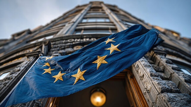 Bank building with European Union flag. Crisis in European Union