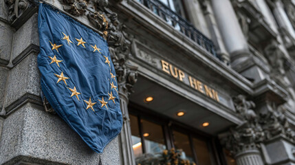 Obraz premium Bank building with European Union flag. Crisis in European Union
