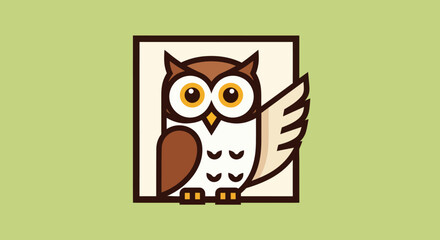 Cute cartoon owl in a square frame focused on the owls details simple design and friendly expression.