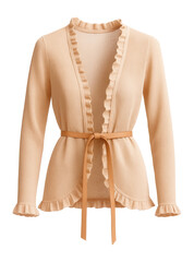Obraz premium Ruffled edge cardigan with a tie waist and lightweight fabric in soft peach