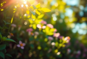 Soft-focus, sunlit green leaves and blurred flowers create a dreamy nature bokeh, backdrop, sunlight