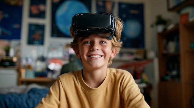 Boy wearing VR headset smiling at camera.