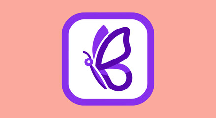 Purple butterfly logo design on white square.