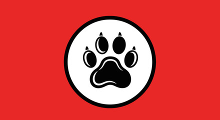 Black paw print in white circle.