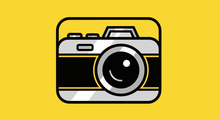 Camera icon illustration on yellow background for photography and image capturing.