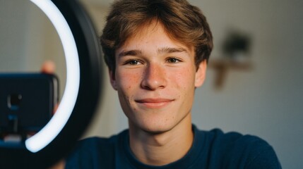 Young male with camera, smiling at mirror.