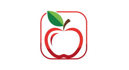Stylized Apple Icon with Red Outline and Green Leaf on White Background.
