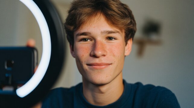 Young male with camera, smiling at mirror.