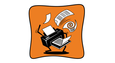 Cartoon Printer Character with Flying Papers on Orange Background.